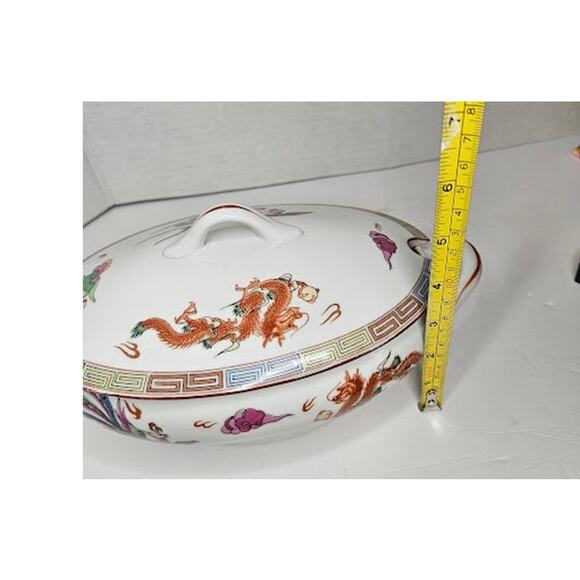 Nakazato Japanese Oval Casserole: Phoenix & Dragon Design Lidded Serving Bowl - Picture 8 of 11